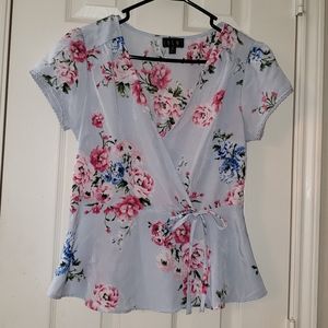 Blue Floral Print Wrap Peplum Top